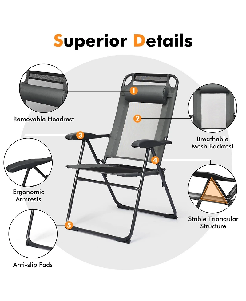Sugift 2 Pieces Patio Adjustable Folding Recliner Chairs with 7 Level Adjustable Backrest