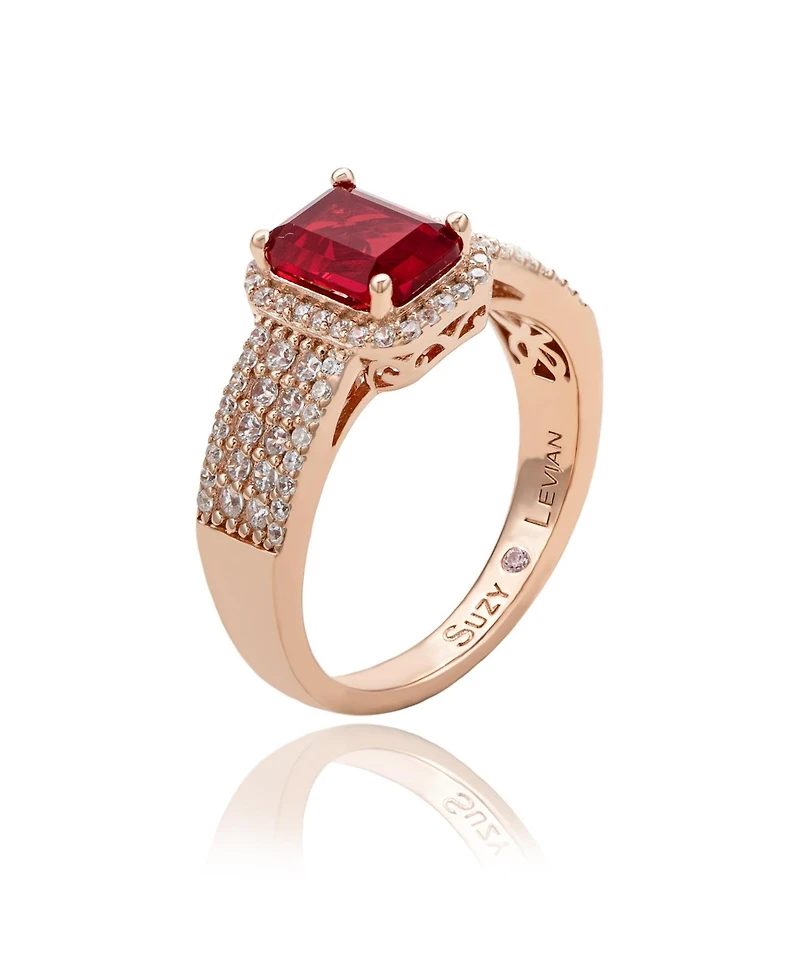 Suzy Levian Rose Sterling Silver Emerald-Cut Red and White Cubic Zirconia Halo Ring