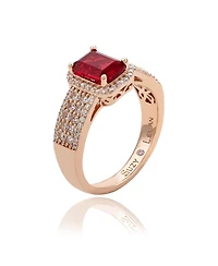Suzy Levian Rose Sterling Silver Emerald-Cut Red and White Cubic Zirconia Halo Ring