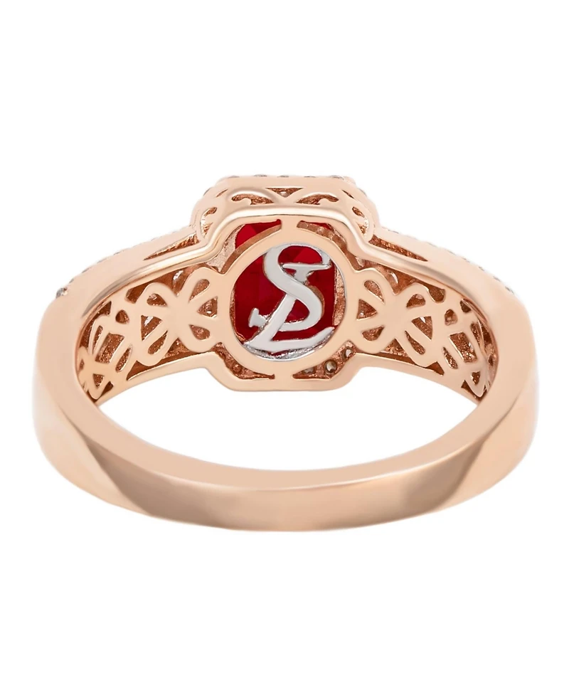 Suzy Levian Rose Sterling Silver Emerald-Cut Red and White Cubic Zirconia Halo Ring