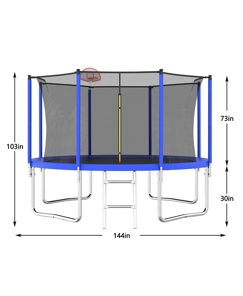 Slickblue 12FT Trampoline Green for Kids & Adults with Basketball Hoop and Ball ,Recreational Trampolines with Safety Enclosure for Back Yard Outdoor