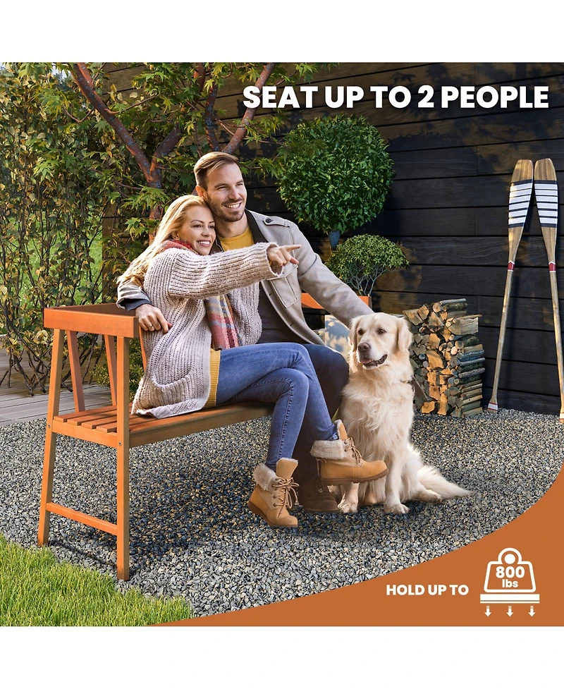 Sugift 2-Person Patio Acacia Wood Bench with Backrest and Armrests