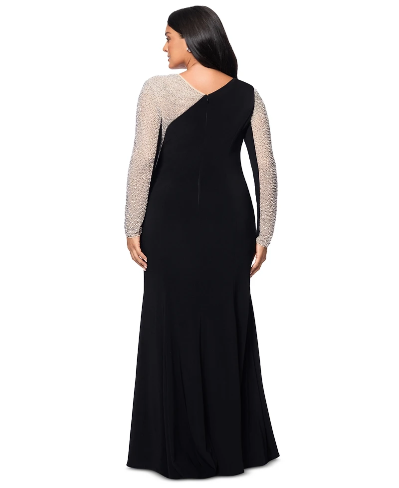 Xscape Plus Two-Tone One-Shoulder Asymmetric Gown