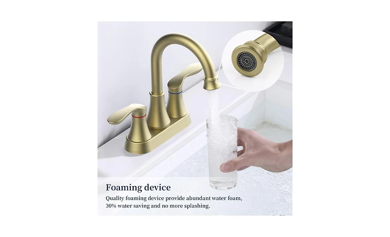 Slickblue Brushed Gold Bathroom Faucet with Pop-Up Drain & Supply Hoses, 2-Handle 360-Degree High Arc Swivel Spout, 4-Inch Centerset Vanity Sink Fauce