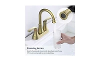 Slickblue Brushed Gold Bathroom Faucet with Pop-Up Drain & Supply Hoses, 2-Handle 360-Degree High Arc Swivel Spout, 4-Inch Centerset Vanity Sink Fauce