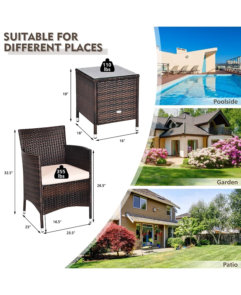 Sugift 3 Pieces Ergonomic Wicker Patio Conversation Set-Beige