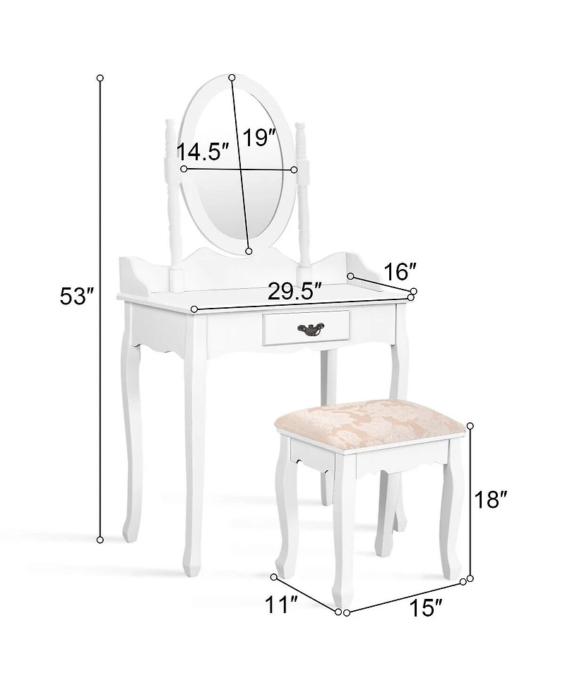 Sugift Wooden Vanity Table Set with Oval Mirror and Cushioned Stool