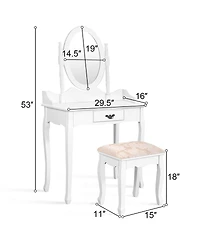 Sugift Wooden Vanity Table Set with Oval Mirror and Cushioned Stool