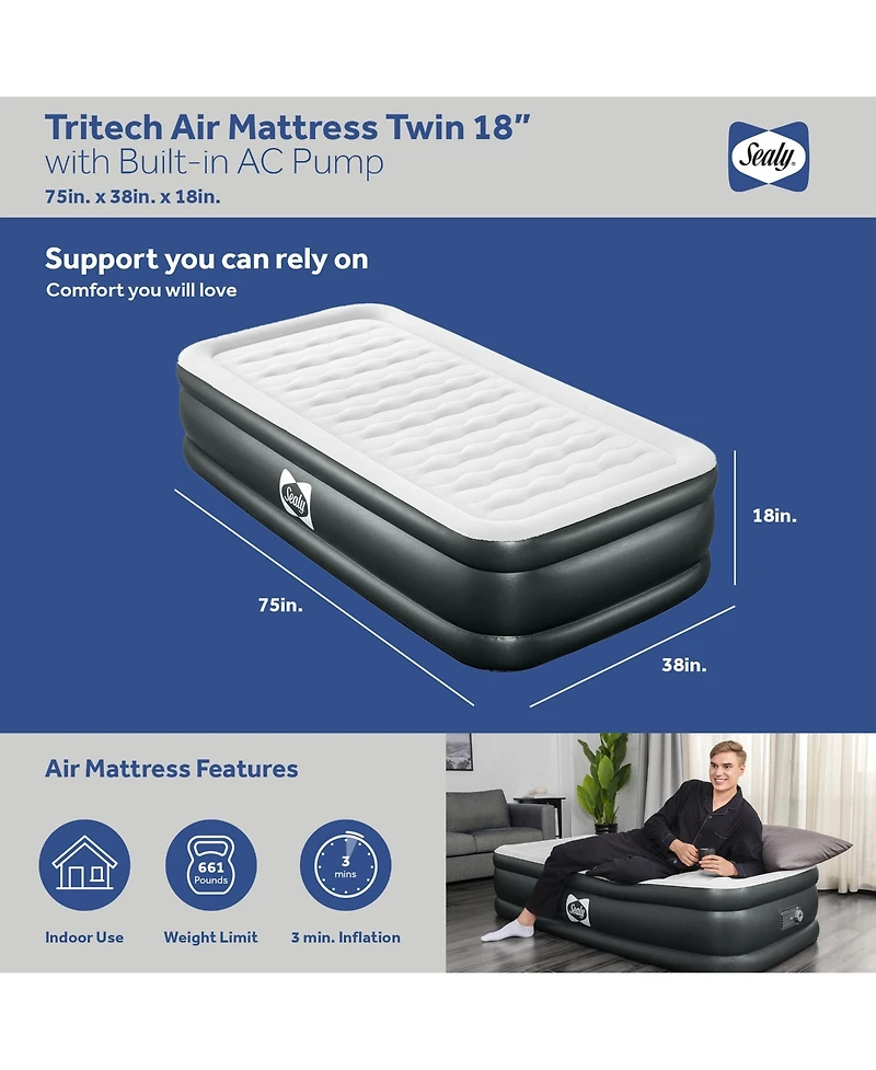 Sealy Baby Sealy Tritech Twin Sized 18" Air Mattress Bed 2 Person w/Built-In Ac Pump & Bag
