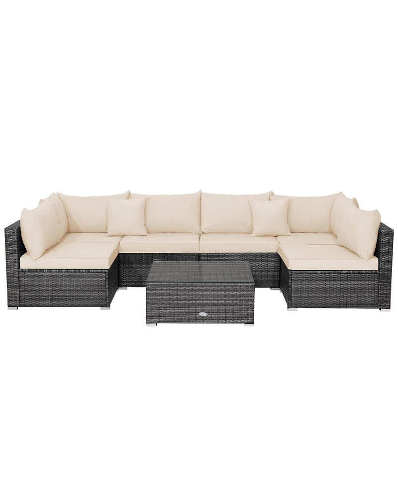 Costway 7PCS Patio Rattan Furniture Set Sectional Sofa Cushioned Garden Peacock