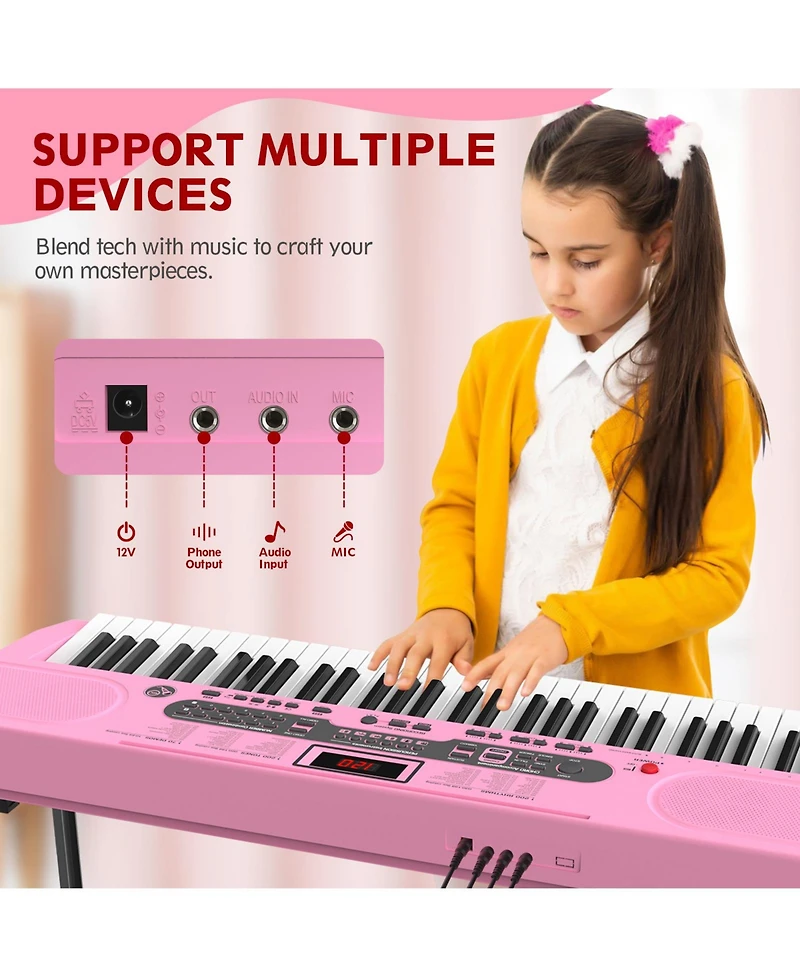 Givimo 61-Key Pink Electric Keyboard Piano for Beginners with Stand, Bench, Microphone, Headphones, Dual Speakers & Teaching Modes