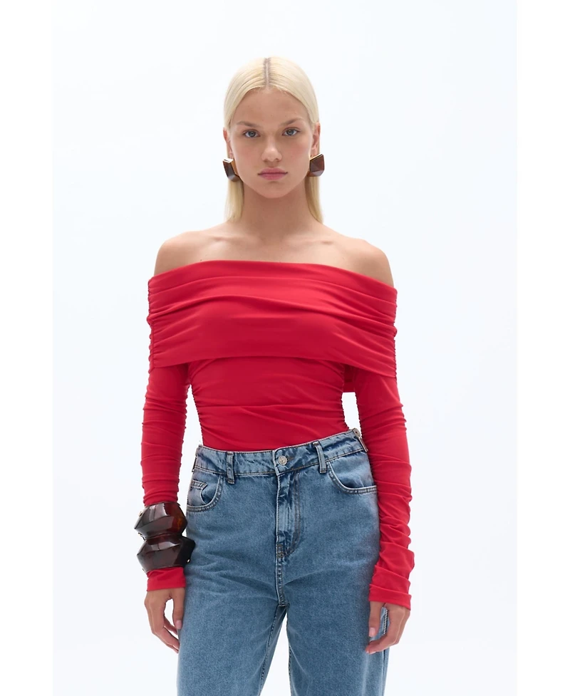 Nocturne Women's Off Shoulder Blouse with Ruffle Detail