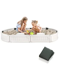 6F Wooden Sandbox with Built-in Corner Seat, Cover, Bottom Liner for Outdoor Play