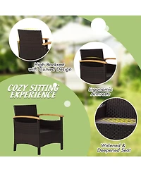 3PCS Patio Rattan Furniture Set Wooden Armrest Table Top Cushioned