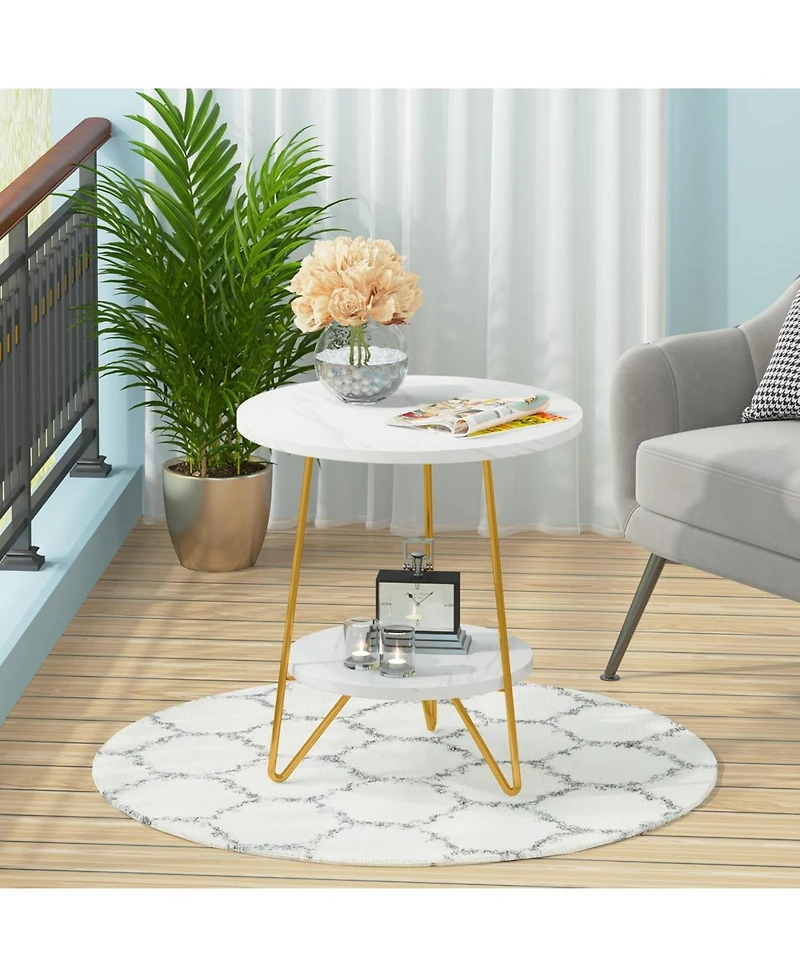 Tribesigns Faux Marble End Table Set of 2, 2 Tier Round Side Table with Shelves, Modern Gold Nightstand Bedside Table Small Coffee Accent Table for Li
