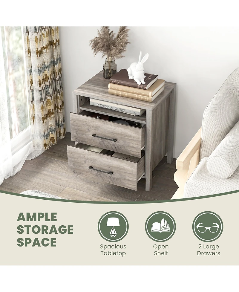 Gymax Nightstand w/ 2 Drawers Farmhouse Bed Side Table w/ Open Storage Shelf