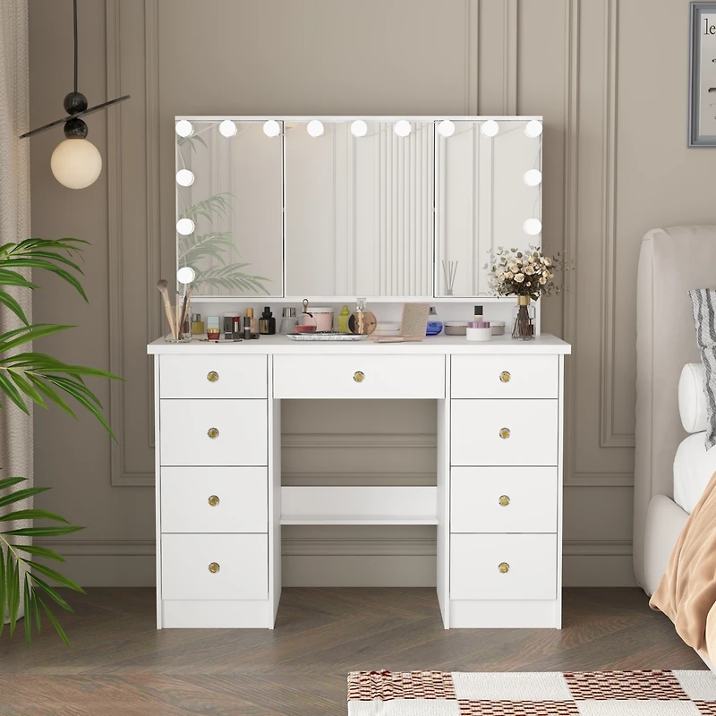 Homsee White Modern Makeup Vanity Desk 9 Drawers Wood Dressing Table With 3 Mirrors, Hidden Storage Shelves, Led Bulb Lights