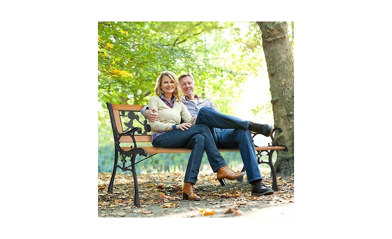 Slickblue 49" Garden Bench with Rose Style Back Hardwood and Cast Iron Patio Love Seat