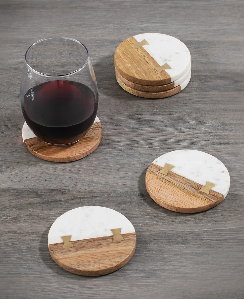 Thirstystone Uptown Round Marble and Wood Coasters with Inlay, Set of 6