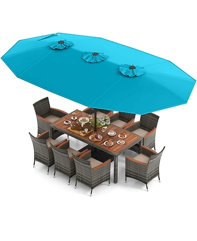 Costway 10 Pieces Patio Wicker Dining Set with Double-Sided Umbrella 8 Armchairs