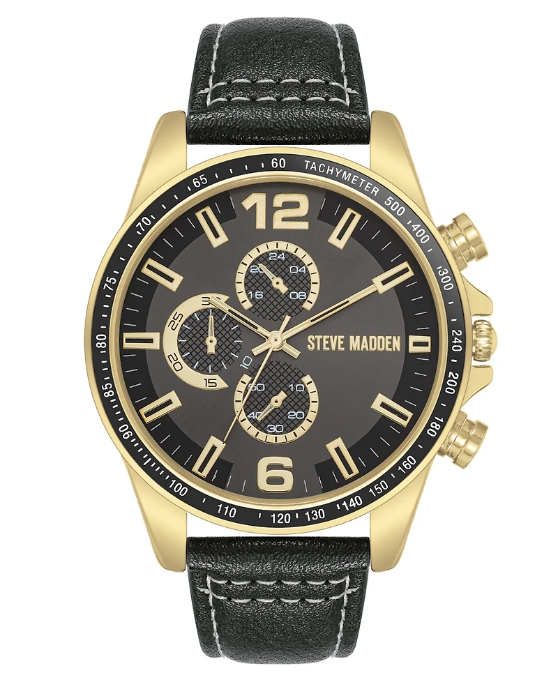 Steve Madden Men's Modern Black Faux Leather and Gold-Tone Alloy Metal Watch, 45mm