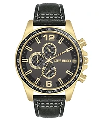 Steve Madden Men's Modern Black Faux Leather and Gold-Tone Alloy Metal Watch, 45mm