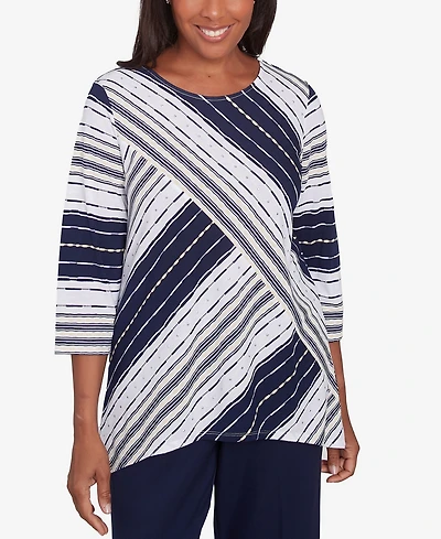 Alfred Dunner Women's Block Island Spliced Stripe Crew Neck Textured Top