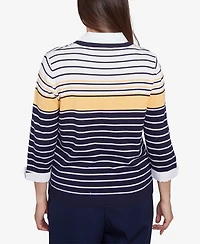 Alfred Dunner Women's Block Island Striped Two One Collared Sweater with Necklace
