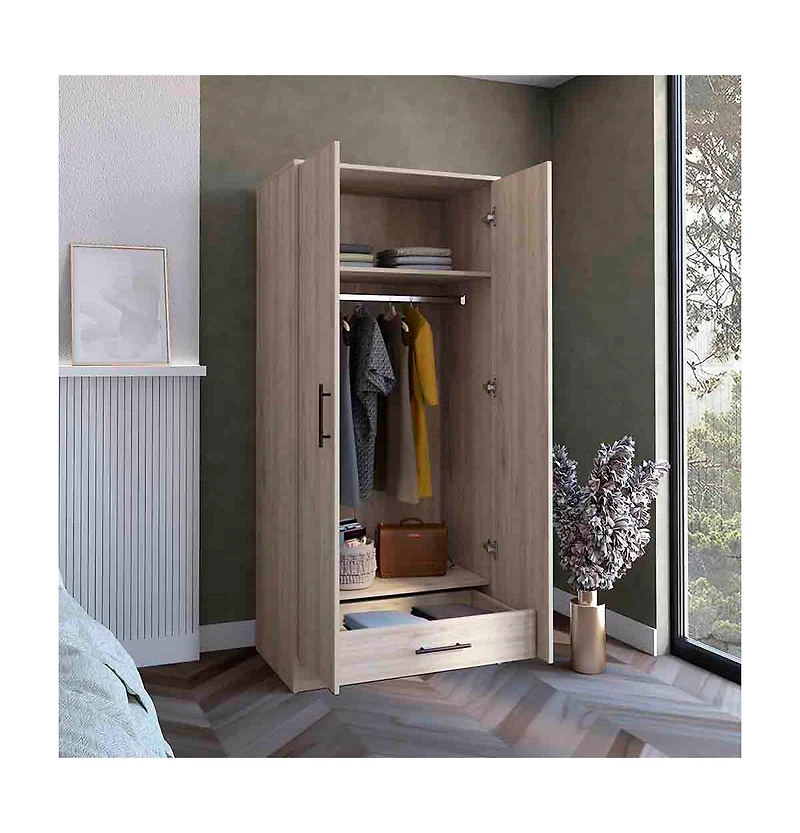 Darwin 180 Armoire, Double Door Cabinets, Metal Rod, Metal Handle, Two Shelves, One Drawer, Light Gray