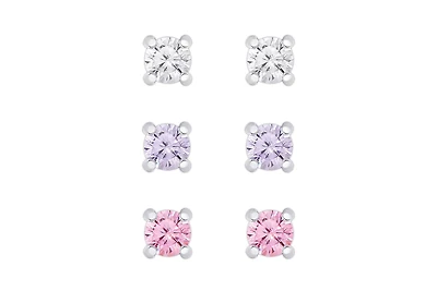 Lily Nily Girls White, Lavender, and Pink Cz 3 Pairs Studs Set in Sterling Silver