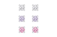 Lily Nily Girls White, Lavender, and Pink Cz 3 Pairs Studs Set in Sterling Silver