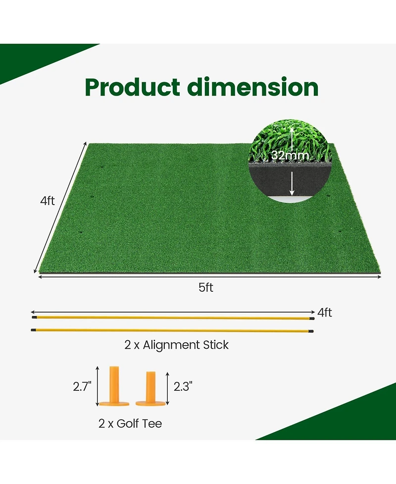 Hongge Artificial Turf Mat for Indoor and Outdoor Golf Practice Includes 2 Rubber Tees and 2 Alignment Sticks-32mm