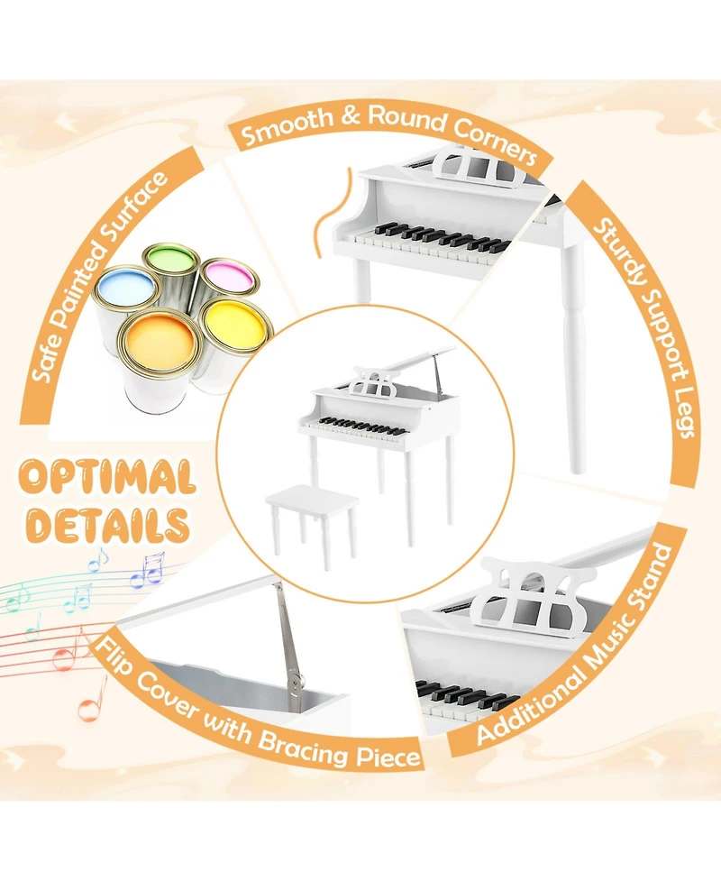 Hongge 30-Key Wood Toy Kids Grand Piano with Bench and Music Rack