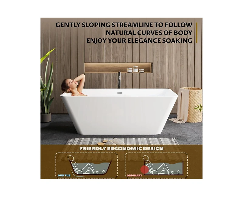 gaomon 66" Acrylic Freestanding Bathtub,Contemporary Square Shape Soaking Tub With Chrome Drain and Minimalist Linear Design Overflow, Easy to Install