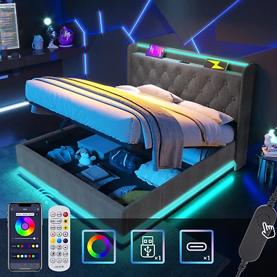 Streamdale Furniture Modern Upholstered Bed with 360 Led, Storage, and Usb-c Charging