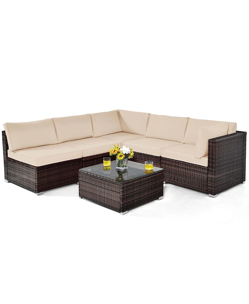 6PCS Patio Rattan Furniture Set Cushioned Sofa Coffee Table Garden