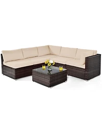6PCS Patio Rattan Furniture Set Cushioned Sofa Coffee Table Garden