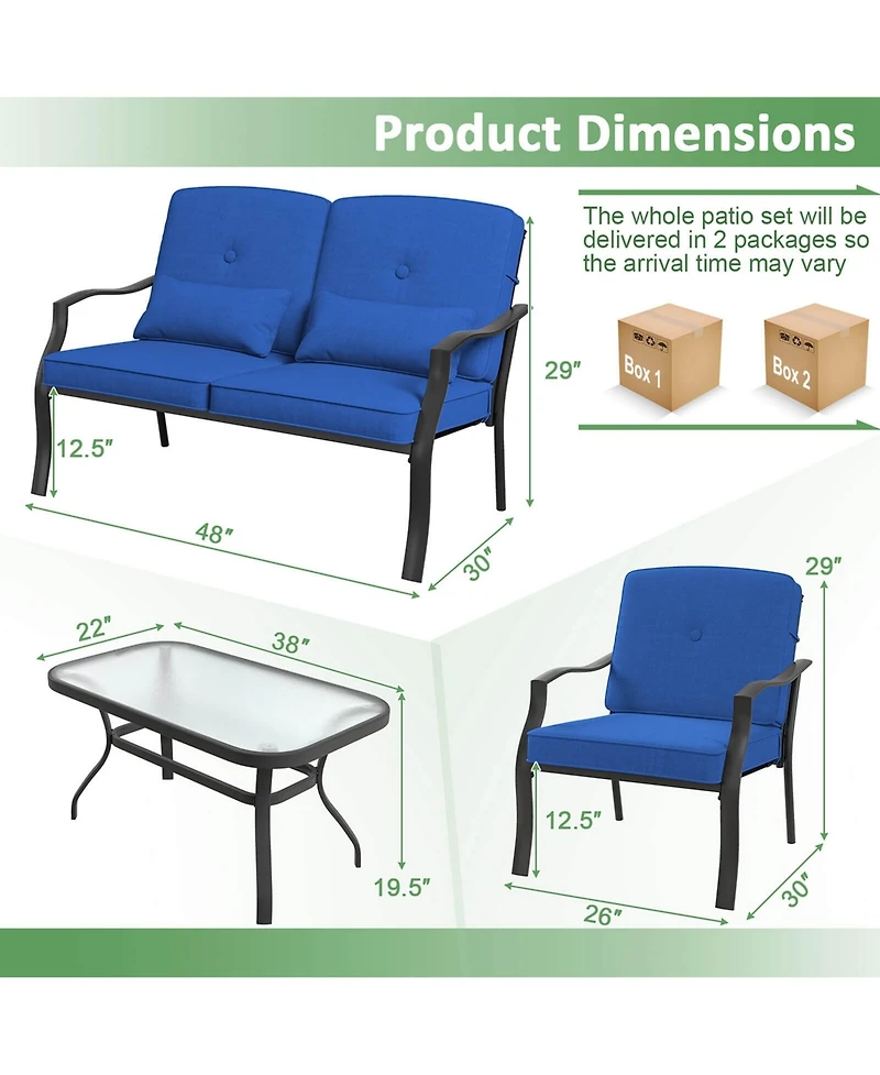 Costway 4 Pcs Patio Furniture Set Outdoor Conversation Sofa Tempered Glass Coffee Table