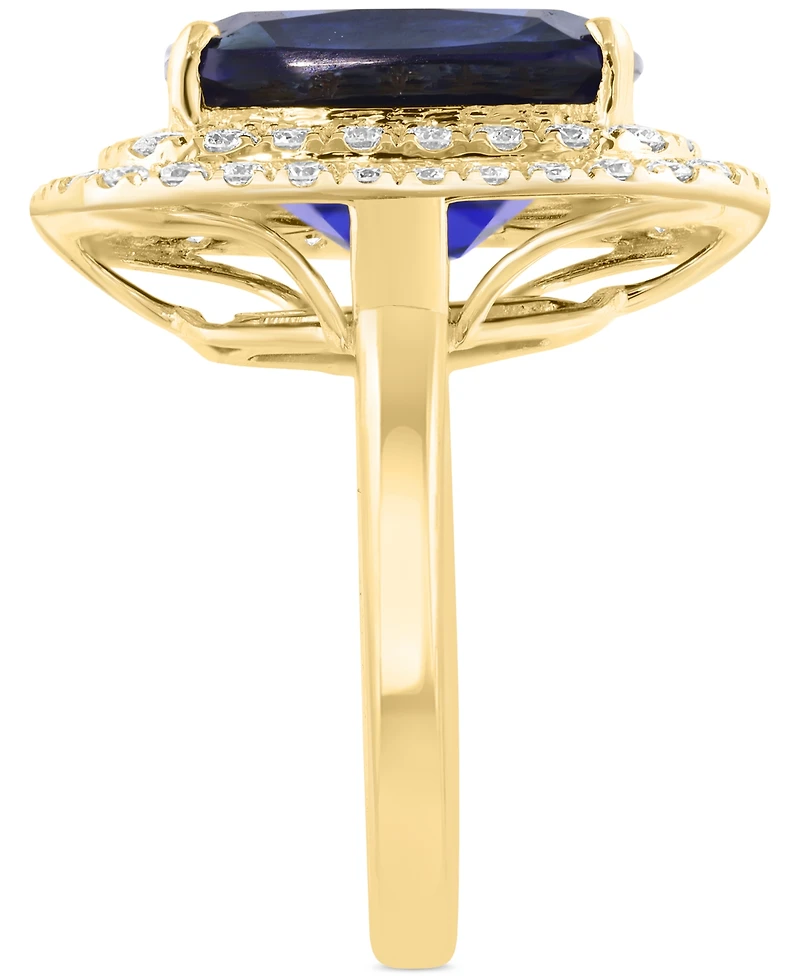 Effy Cushion-Cut Lab Grown Blue Sapphire (6-5/8 ct. t.w.) & Lab Grown Diamond (1-1/10 ct. t.w.) Double Halo Ring in 14k Yellow Gold