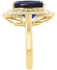 Effy Cushion-Cut Lab Grown Blue Sapphire (6-5/8 ct. t.w.) & Lab Grown Diamond (1-1/10 ct. t.w.) Double Halo Ring in 14k Yellow Gold