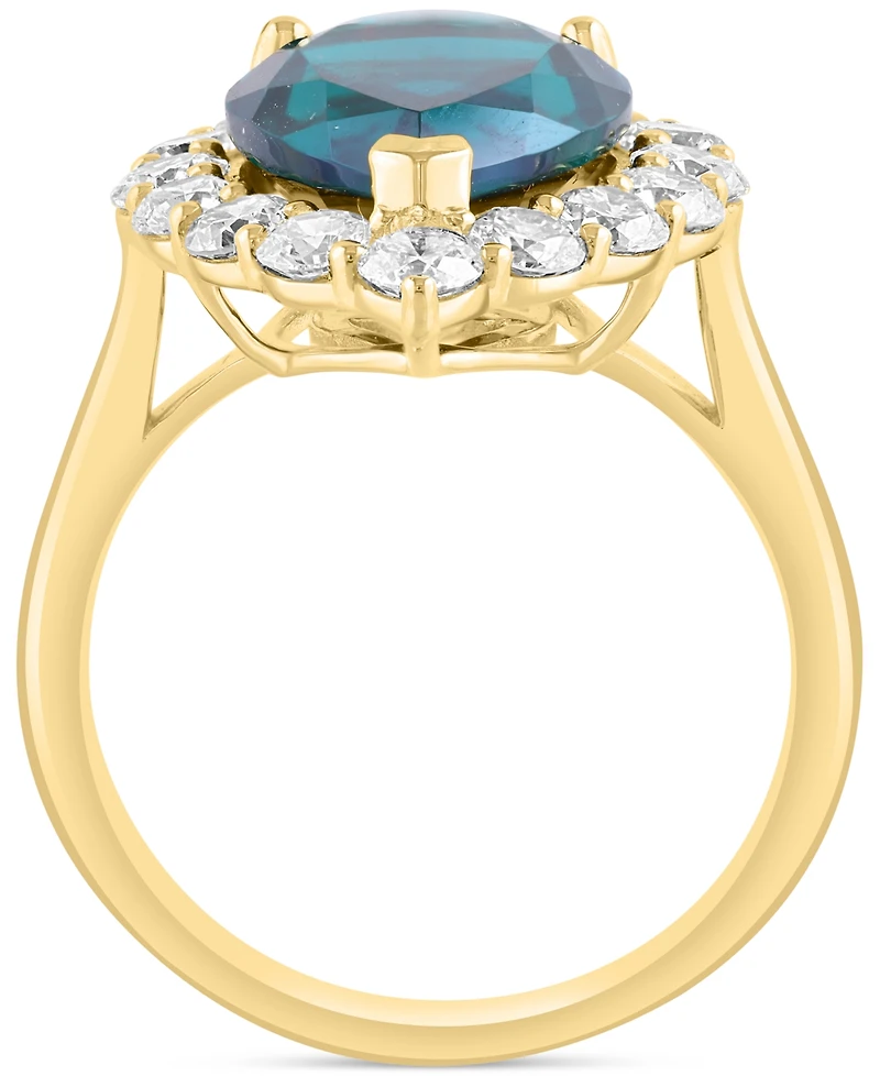 Effy Pear-Shape Lab Grown Emerald (4-1/5 ct. t.w.) & Diamond (1-1/3 Halo Ring 14k Yellow Gold (Also lab-grown Sapphire)