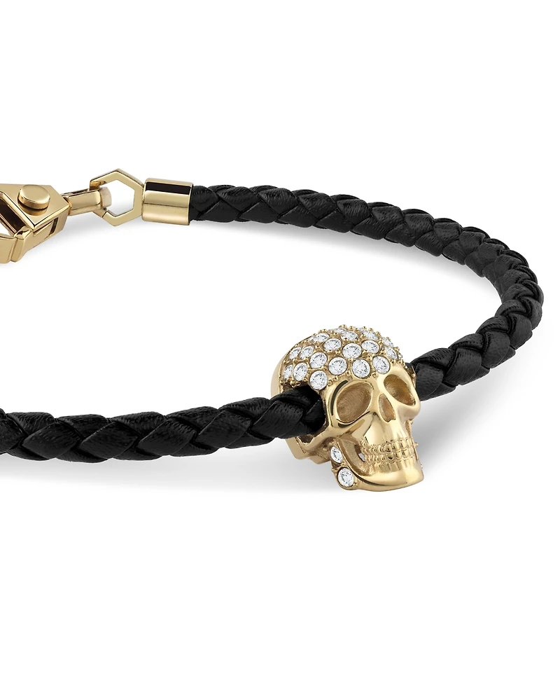 Philipp Plein Men's Enigma Crystal Skull Black Leather Bracelet in Gold Ion-Plated Stainless Steel