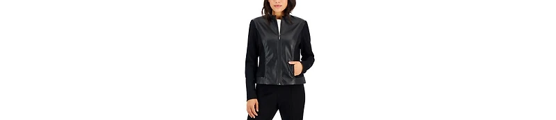 Ak Anne Klein Women's Compression Mixed Media Zip Up Jacket