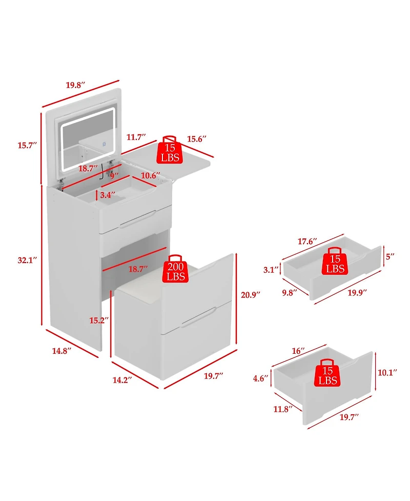 Famapy White Closet Drawer Vanity With Light Mirror And Stool