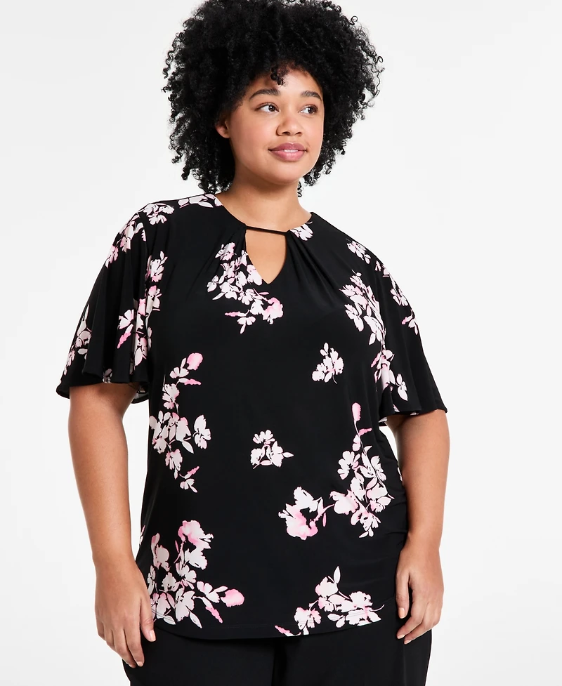 Anne Klein Plus Pleat-Neck Short-Bell-Sleeve Blouse