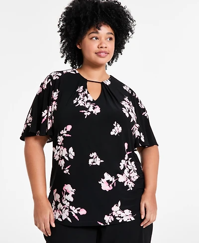 Anne Klein Plus Pleat-Neck Short-Bell-Sleeve Blouse