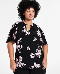 Anne Klein Plus Pleat-Neck Short-Bell-Sleeve Blouse