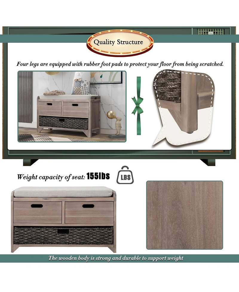 Slickblue Storage Bench with Removable Basket & 2 Drawers Versatile Organization Solution for Any Space