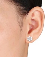 Macy's Cultured Freshwater Pearl (3-3-1/2mm) & Lab-Created White Sapphire (1/3 ct. t.w.) Flower Cluster Stud Earrings in Sterling Silver