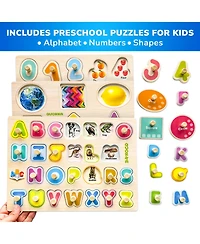 Quokka 8XSET Wooden Puzzles for Toddlers 2-4 with Rack - Alphabet, Numbers